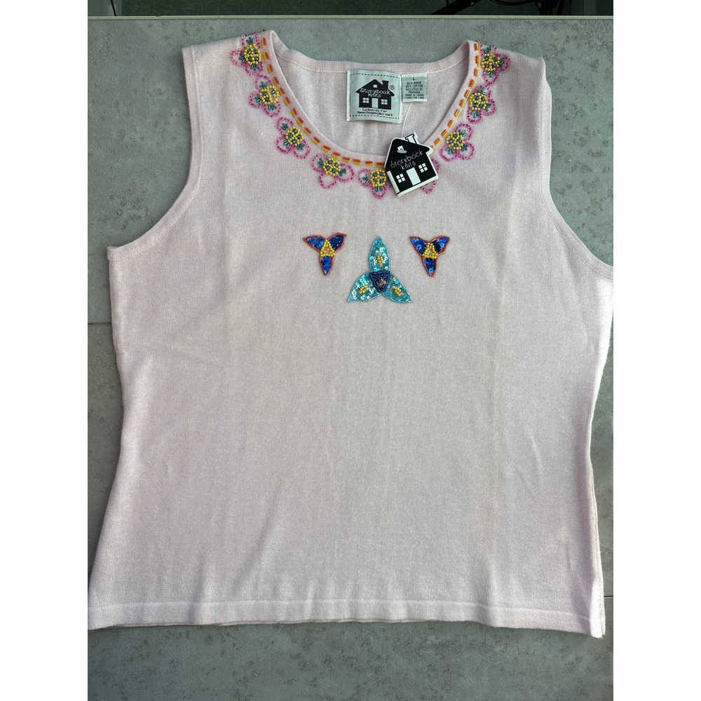 Storybook Knits Pink Beaded Sequins Floral Sleeveless Cottagecore Top NWT Size L - Picture 3 of 9